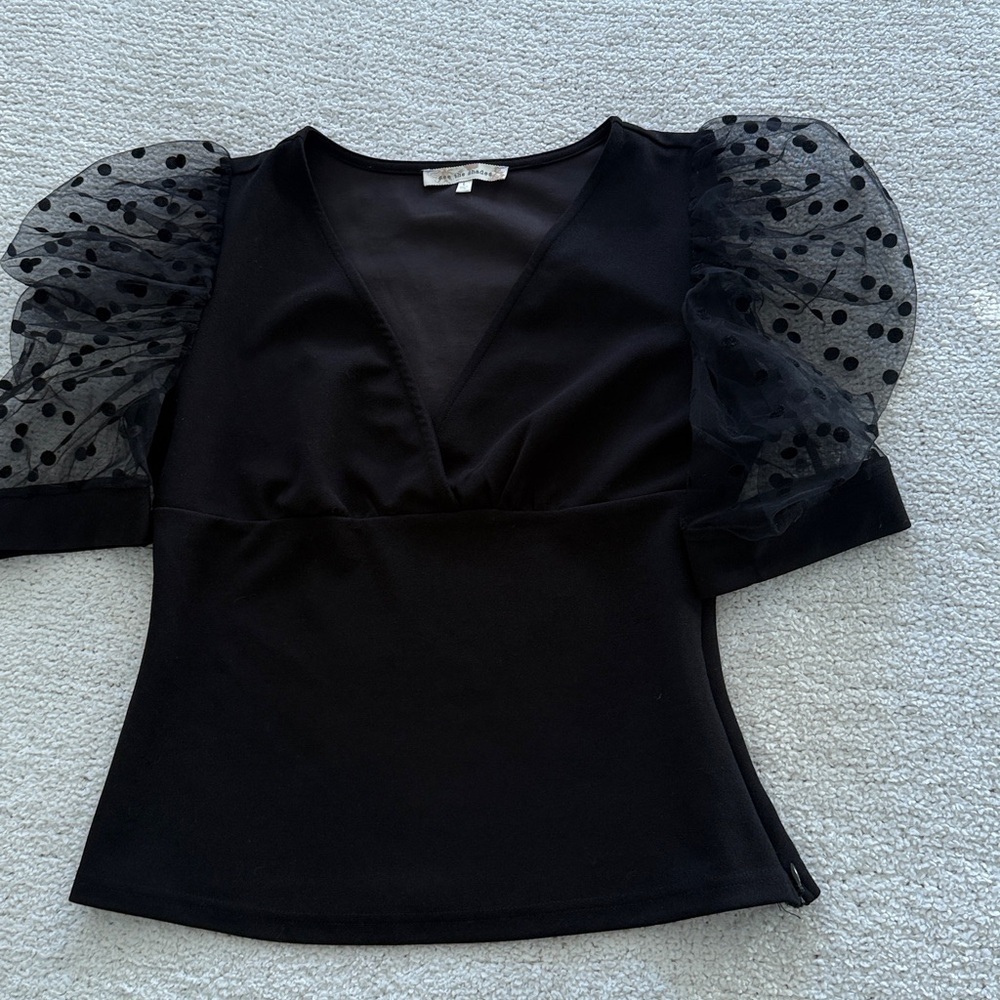 See the Shades  Black Top with Sheer Polka Dot Sleeves Sz Large Puff Sleeves - Picture 7 of 9